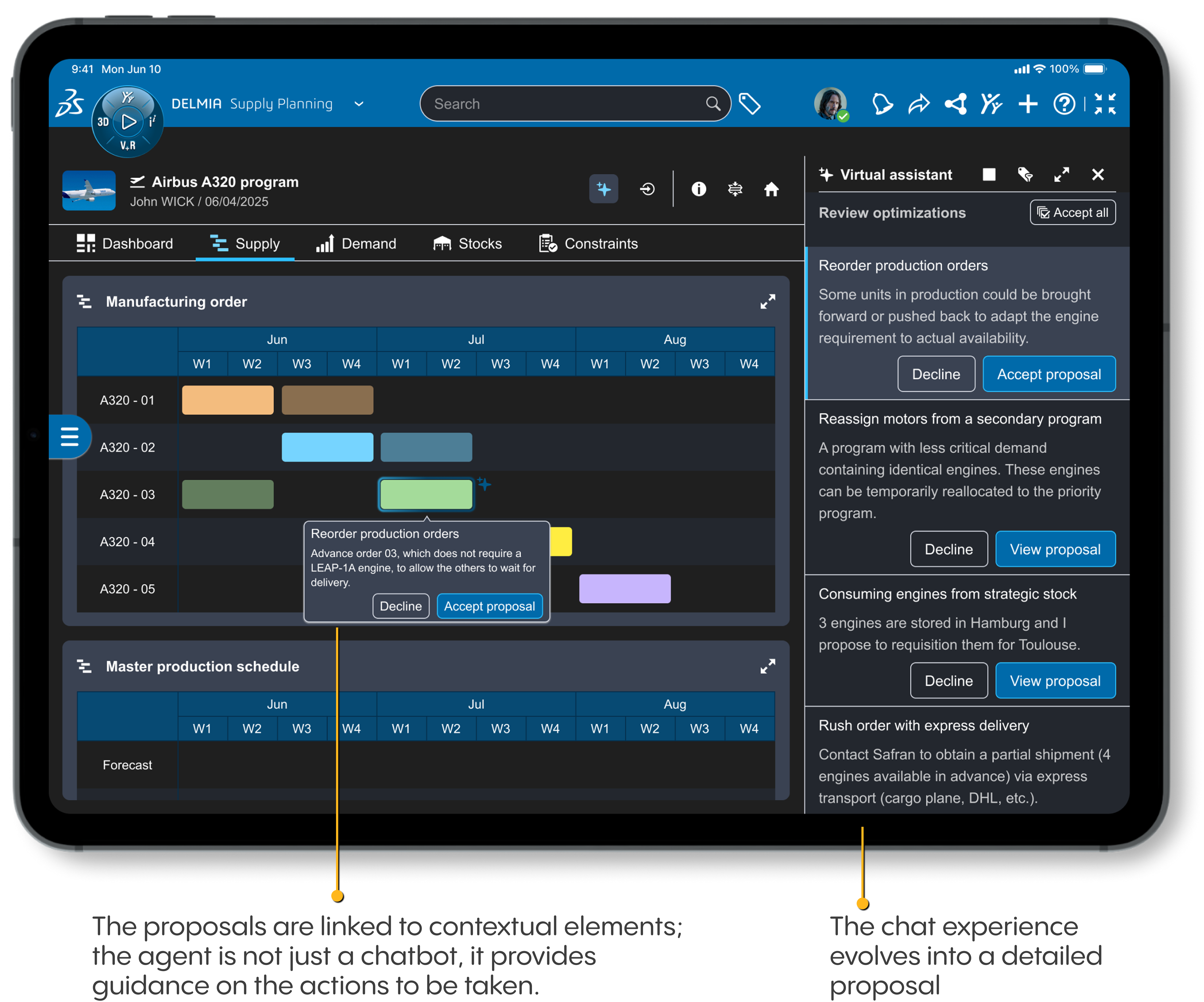 Annotated mockup of the AI supply chain planner, showing the generative UI guidance system