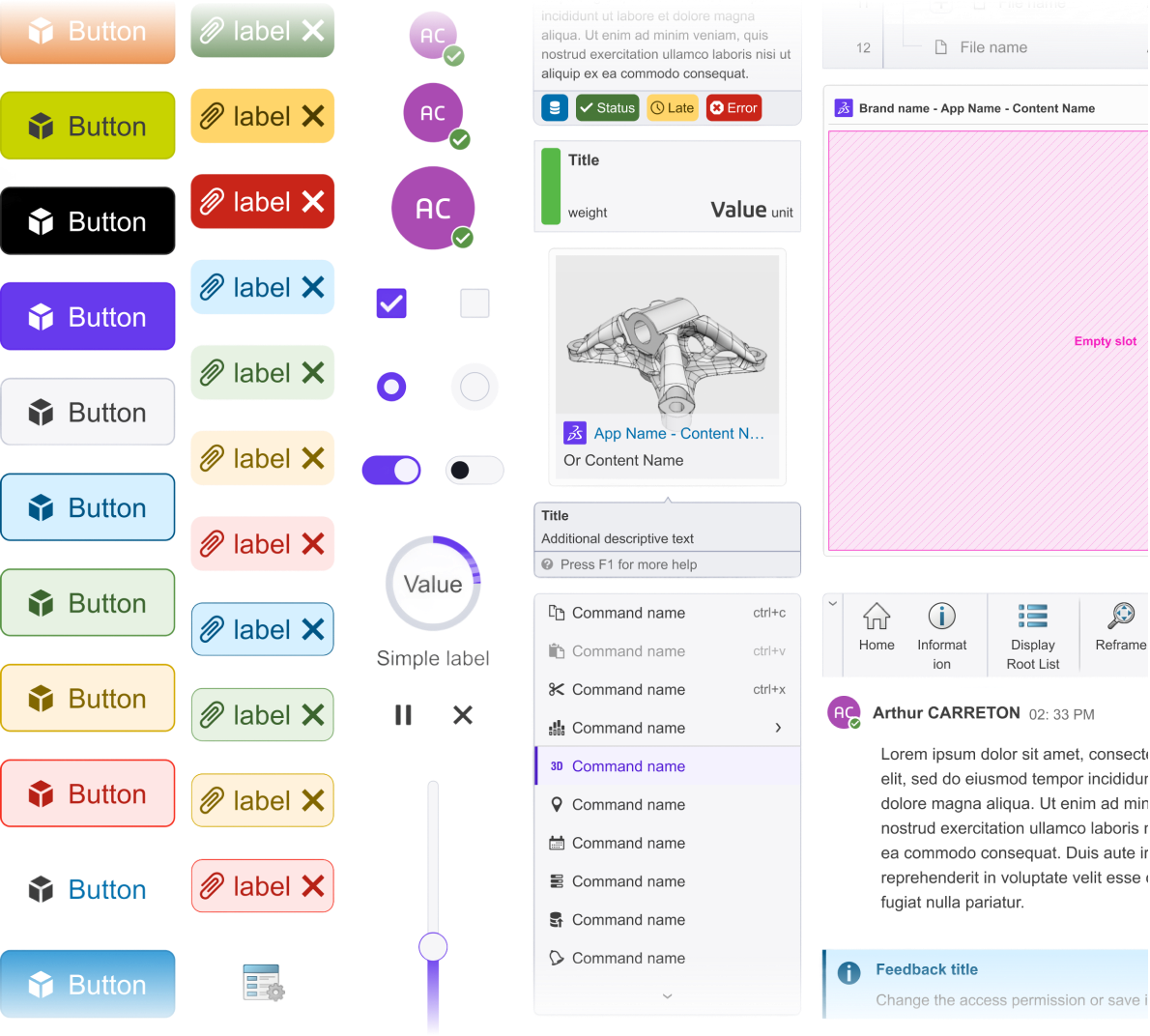Figma component library overview showing 145 components organized by category across all supported brands