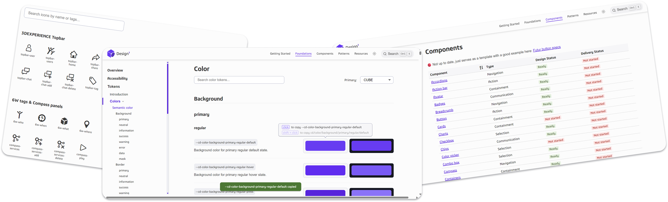 Cube Design documentation platform showing a component page with Markdown-based content, token references, and copy-paste shortcuts