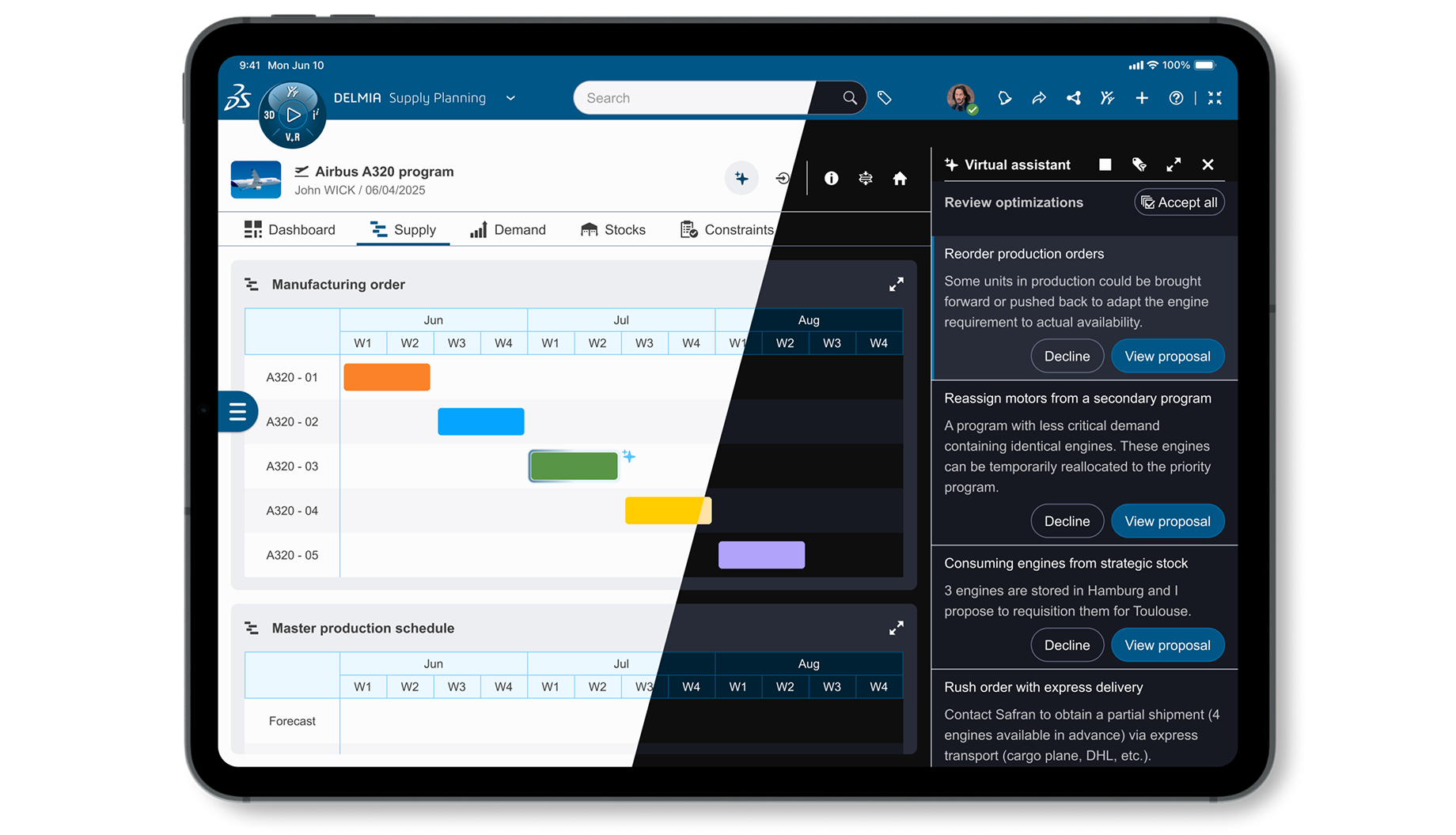 iPad showing the DELMIA manufacturing planning interface split between light and dark mode, powered by design tokens
