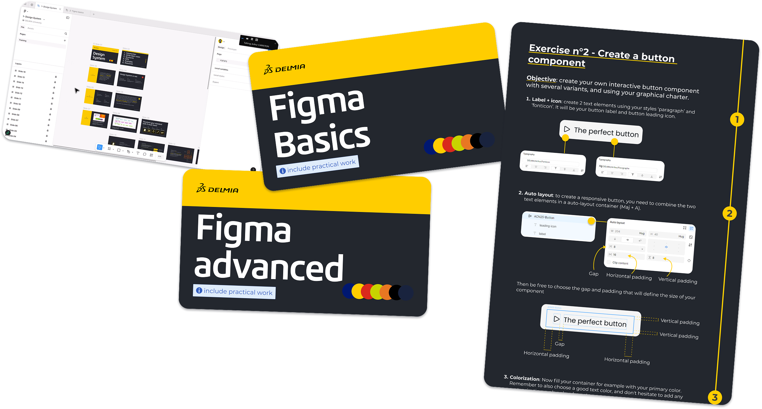 Training materials: Figma Basics and Figma Advanced course cards with exercises for button component creation