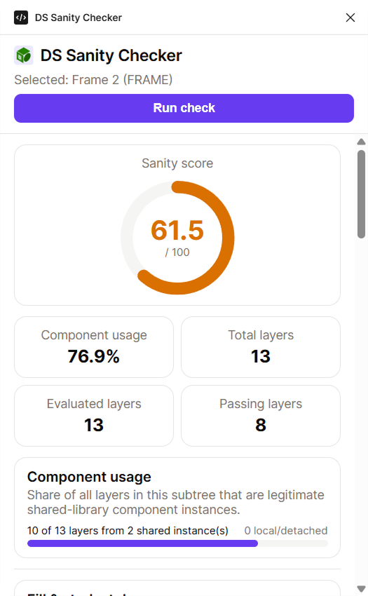 Figma plugin auditing a selection and returning a design system sanity score based on best practices